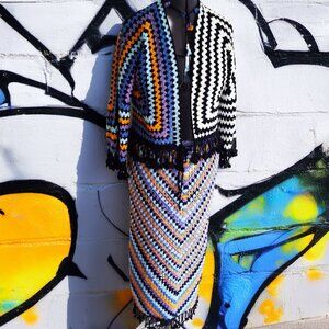 Granny Square colorful Chevron Floral Fringe Striped Skirt M\L